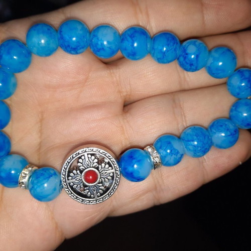 Bracelet with blue Haolite semi-precious stones, metal cross and beads new