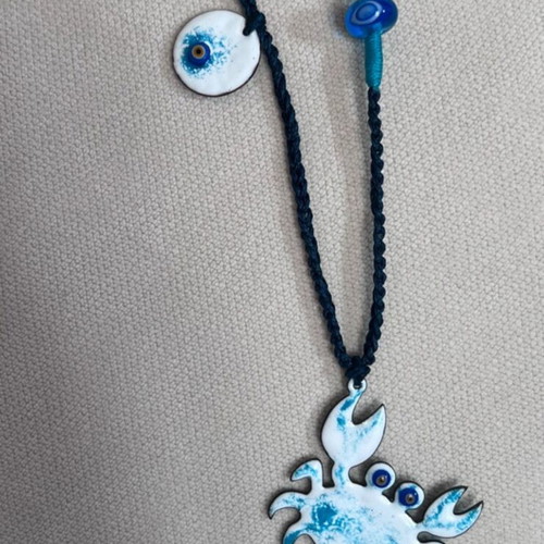 Handcrafted enamel crab pendant necklace with fixed cord, new