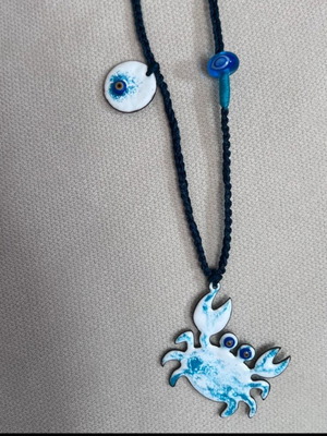 Handcrafted enamel crab pendant necklace with fixed cord, new