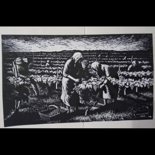 Oil pastel artwork by K. Gkezepis 1968 used, rural life harvest theme