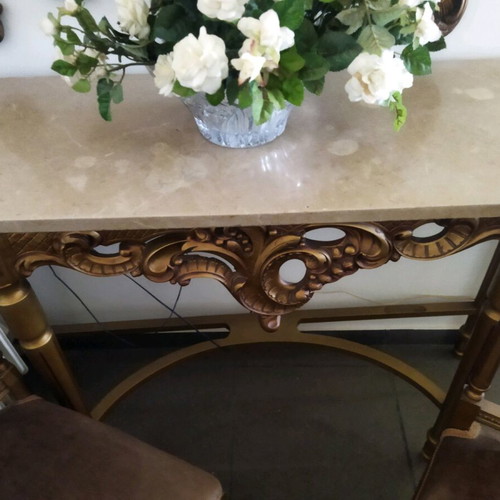Console set with mirror and 2 small chairs made of gilded wood like new