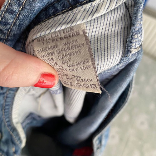 Y2k denim skirt used, knee-length, Sarah Lawrence, blue turquoise
