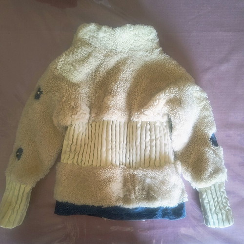 Children's mouton fur jacket new, leather and denim, ages 2 to 4, beige