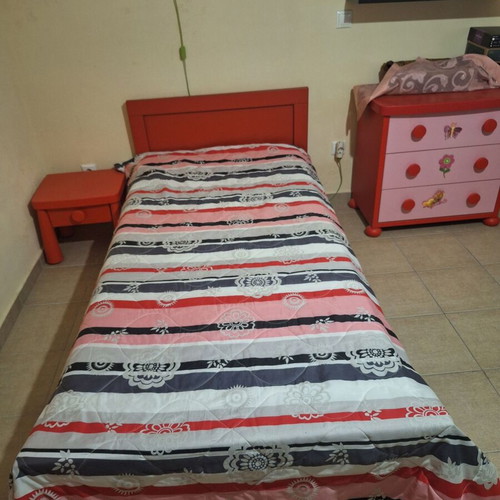 Furniture set with two single beds, mattresses, two nightstands, dresser and extendable kitchen table with 6 chairs