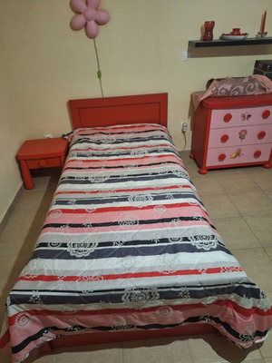 Furniture set with two single beds, mattresses, two nightstands, dresser and extendable kitchen table with 6 chairs