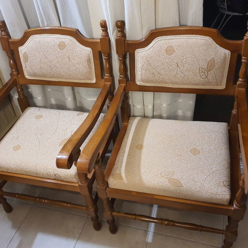 Wooden vintage armchairs used, set of two with upholstery