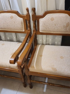 Wooden vintage armchairs used, set of two with upholstery