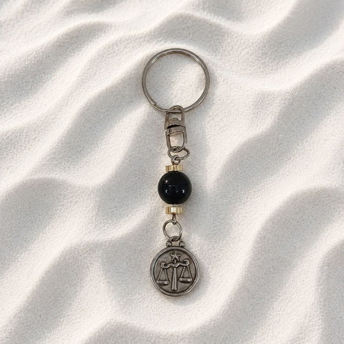 Handmade Libra Keychain with Onyx and Hematite Stones, new