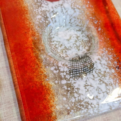 Handmade fused glass rectangular tray with candle holders
