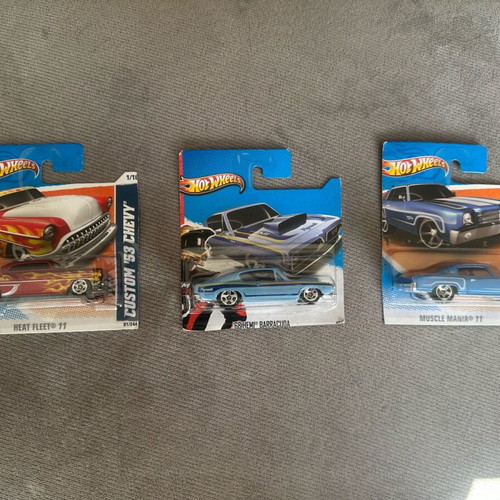 Hot Wheels lot of three cars like new - Chevy, Hemi Barracuda, Monte Carlo