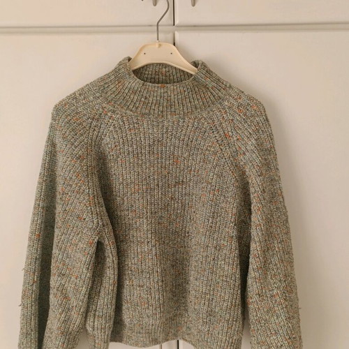 Knitted sweater new with high collar in beige multicolor shade