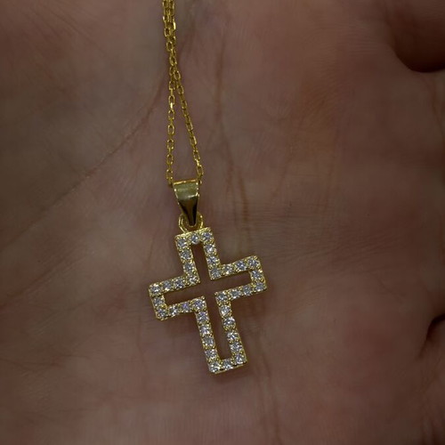 Silver 925 gold-plated cross with white stones and chain