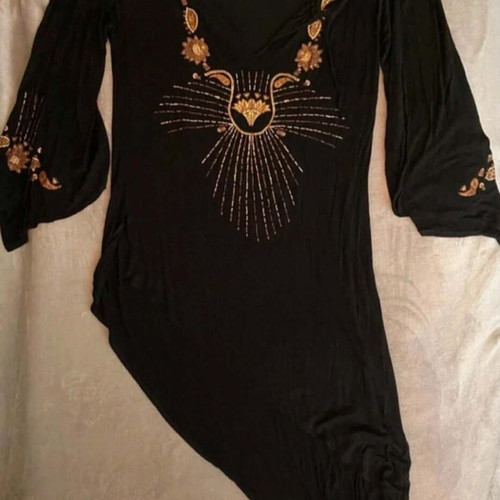 Asymmetric blouse with gold embroidery and bell sleeves like new, M/L, black