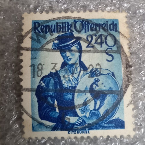 Austria stamp used with Austrian costume in Kitzbühel 1948