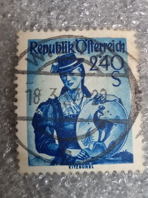 Austria stamp used with Austrian costume in Kitzbühel 1948