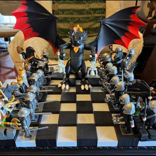 Handmade wooden chess with Playmobil figures new