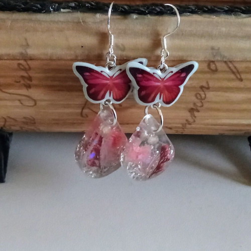 Handmade earrings with butterflies and pink flowers, new