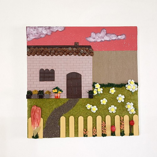 Handmade canvas painting 40x40 with house and garden
