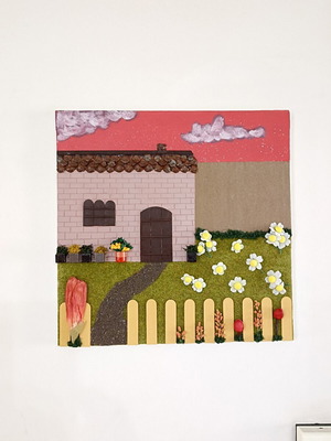 Handmade canvas painting 40x40 with house and garden