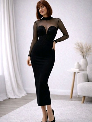 Velvet Mesh Maxi Dress black, like new, elegant evening wear
