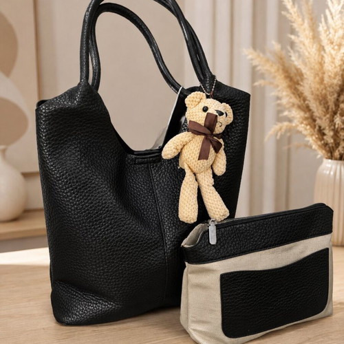 Women’s black tote bag with matching pouch and teddy charm, new