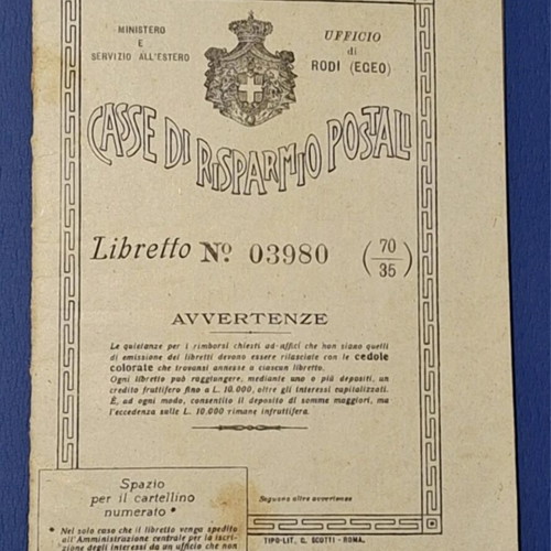 Aegean Rare Italian Postal Savings Booklet Rhodes 1920 used