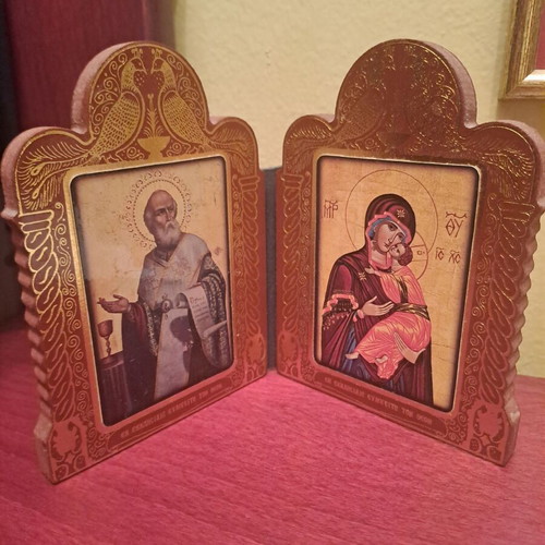 Wooden religious diptych with Virgin Mary and Saint John the Theologian used