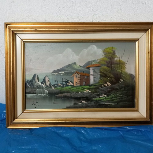 Oil painting used on wood with landscape theme and frame