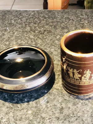 Σετ Gold Plated 24Κ χειροποίητα διακοσμητικά μπολ και ποτήρι μαύρο καφέ χρυσό