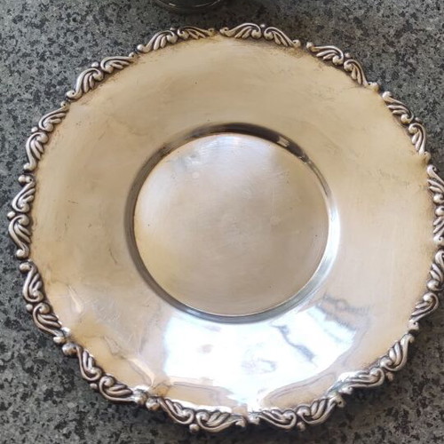 Silver-plated utensils used, bowl and plate with handmade carving