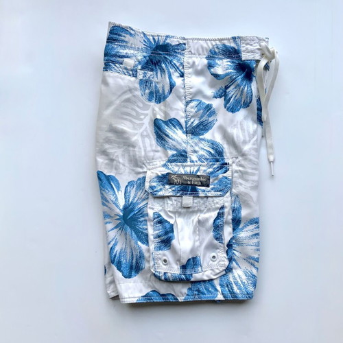 Abercrombie & Fitch men's swim shorts size S like new, white with blue flowers