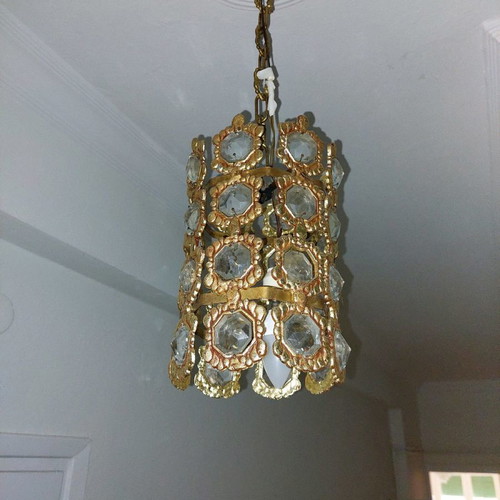 Vintage ceiling light with crystal hexagons used, metal