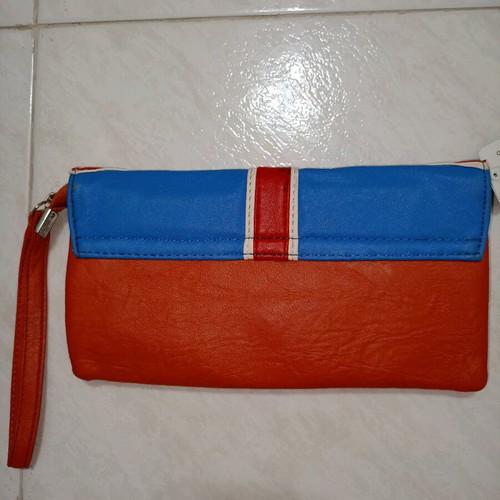 Leather London clutch bag new, handheld, blue and orange