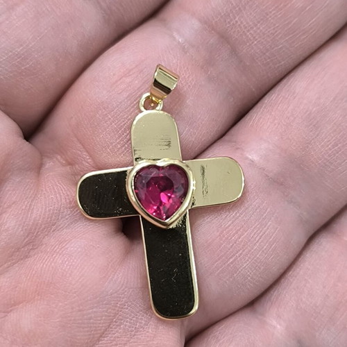 Gold-colored cross pendant with red heart stone, stainless steel, new