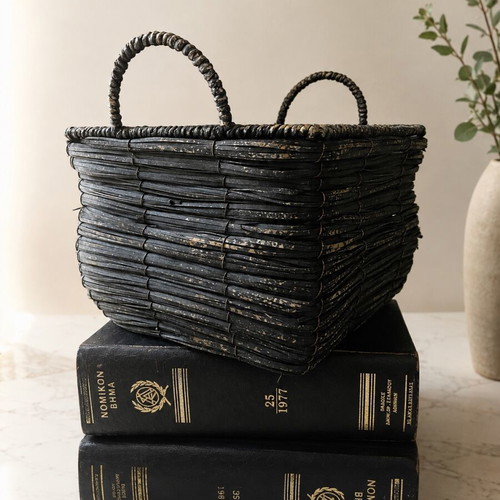 Handmade woven basket with metal frame, like new, black