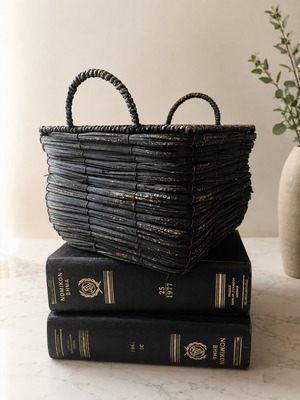 Handmade woven basket with metal frame, like new, black