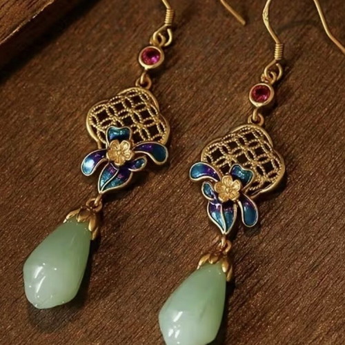 Oriental Chinoiserie Earrings with Jade Drop and Turquoise Enamel
