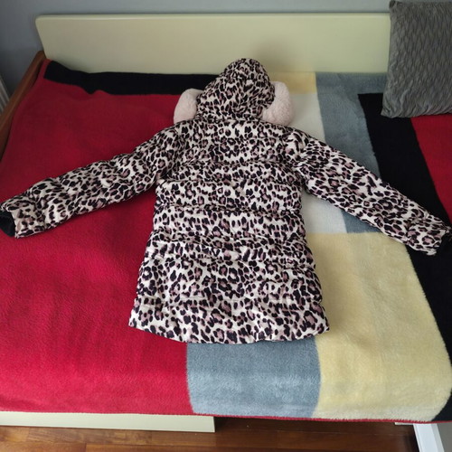 Leopard Print Funky Stars Puffer Jacket with Pink Fur Hood Size 16Y Like New