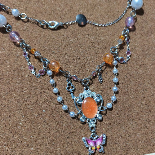Princess butterfly necklace with orange and pink beads, vintage style