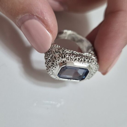 Vintage ring with emerald-cut blue topaz, sterling silver 925