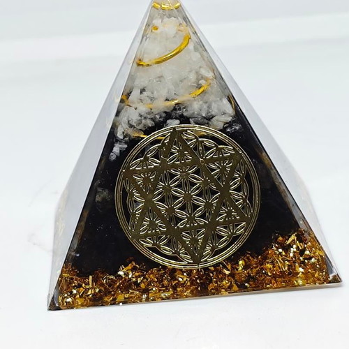 Orgonite pyramid with black tourmaline, quartz and Flower of Life symbol like new