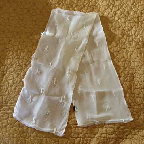 White airy scarf shawl like new, 100% silk with embroidered patterns