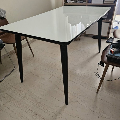 Glass dining table, white top with black legs