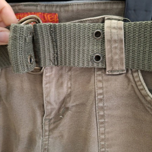 Vintage flare khaki pants with military belt, size XS, like new