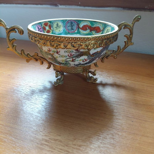 Vintage Chinese porcelain decorative bowl with brass base Qianlong style