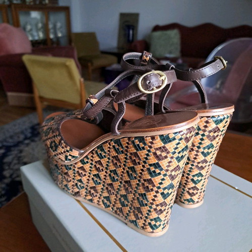 Ash platform sandals used, leather and straw, size 37