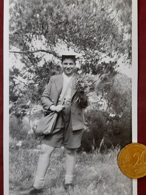 Vintage black and white photo portrait of boy in countryside 1950s like new