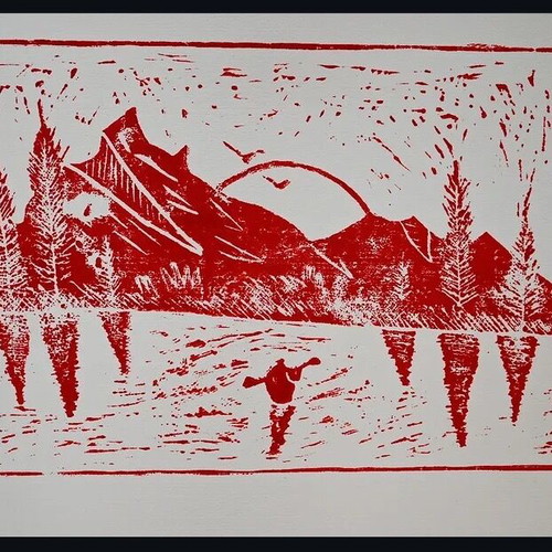 Landscape limited edition hand carved linoleum print