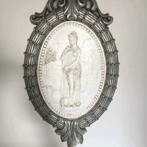 Neoclassical large plaster wall decoration with embossed figure like new