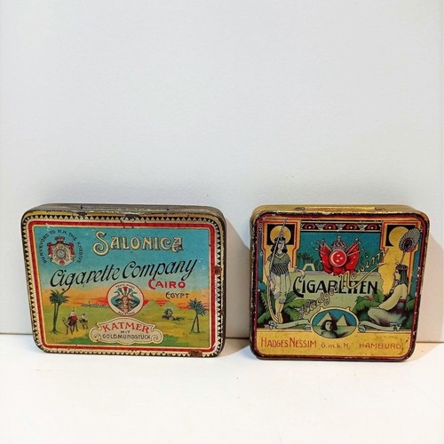 Tin lithographed cigarette cases used, set of 2, early 20th century